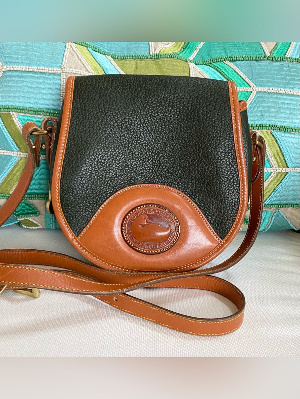VTG 80s Dooney Bourke Saddle Crossbody Shoulder Bag Dark Green Brown Leather USA